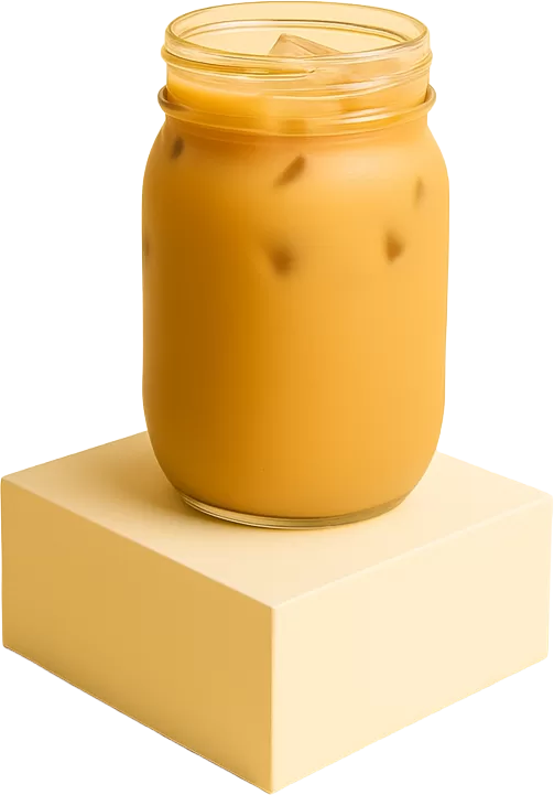 A mason jar filled with iced Hokkaido Milk Tea, placed on a beige podium with a smooth and premium look.